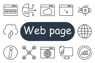 Web page set icon. Browser, globe, cloud, upload, download, security chip, connection, info, sharing, monitor, network, interface, data, communication, analytics, user access.