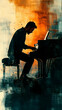 © lismiyatun - A silhouette of a man playing the piano in expressive colorful strokes Music notes float above enhancing the artistic