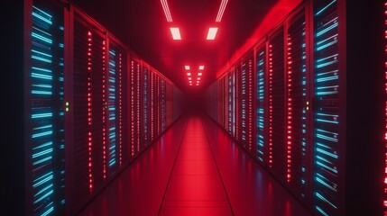 Wall Mural - a long corridor of a data center with rows and columns filled with glowing blue computer server cabi