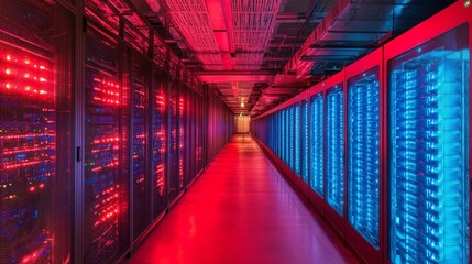 Wall Mural - a long corridor of a data center with rows and columns filled with glowing blue computer server cabi