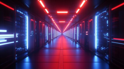 Wall Mural - a long corridor of a data center with rows and columns filled with glowing blue computer server cabi
