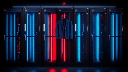 Wall Mural - a long corridor of a data center with rows and columns filled with glowing blue computer server cabi