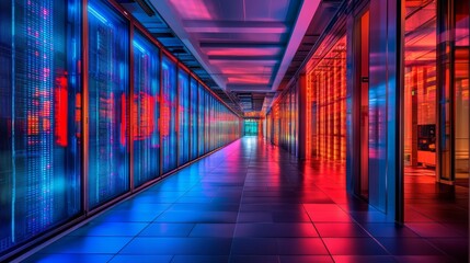 Wall Mural - a long corridor of a data center with rows and columns filled with glowing blue computer server cabi