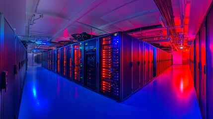 Wall Mural - a long corridor of a data center with rows and columns filled with glowing blue computer server cabi