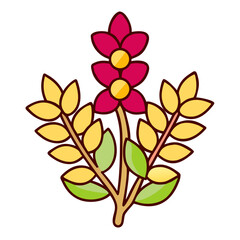 Poster - Stylized Floral Branch Yellow Leaves, Pink Flower, Nature Design
