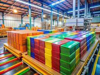 Aufkleber - Factory assembly line: a vibrant and dynamic image captures an array of colorful products stacked on a production line within a modern factory.