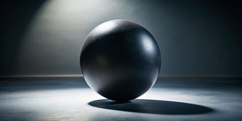 Poster - Dark Sphere Under Spotlight: A photorealistic, highly detailed black sphere stands center stage under a focused spotlight, its surface subtly reflecting the dim environment.