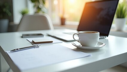 Fototapete - a bright and airy office workspace with a laptop, a cup of coffee, and some documents, suggesting productivity and a focused atmosphere