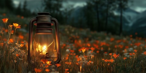 Wall Mural - A rustic lantern glowing softly amidst a field of vibrant orange flowers, creating a warm and inviting atmospherу while travelling in the wilds in summer