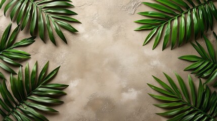 Wall Mural - Lush green palm leaves arranged on a textured beige background, perfect for nature-themed designs and presentations.