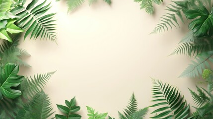 Wall Mural - Lush green tropical leaves arranged in a decorative frame on a light beige background, perfect for nature-themed designs.