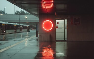Poster - Rainy Night at the Bus Station: Red Neon Sign