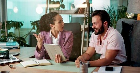 Poster - Collaboration, smile and tablet with business people in office together for financial report. App, conversation and paperwork with happy employee team in workplace for administration or discussion