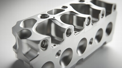 Poster - Precision Engineered Component: A close-up shot showcases a highly detailed, precision-engineered component. The metallic surface gleams, highlighting the intricate design and manufacturing expertise.