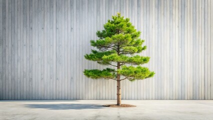 Poster - Harmony of Nature and Structure: A solitary evergreen tree stands in serene contrast against a textured concrete wall, illustrating the blend of nature and architectural simplicity.