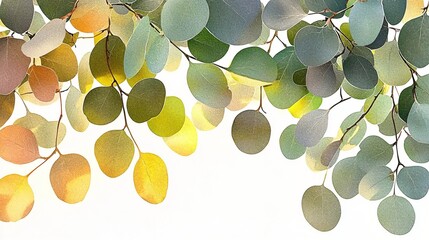 Wall Mural - Eucalyptus leaves border, sunlight, white background, design element