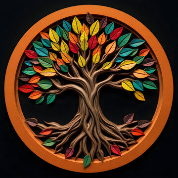 A digital illustration of a tree of life symbol, a root within a circle, rendered in layered paper cut style with sculpted textures art illustration design