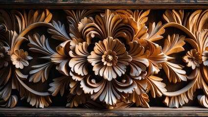 Poster - Pattern of flowers intricately carved on a wooden background
