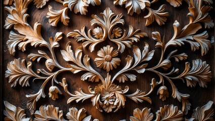 Poster - Pattern of flower design etched on wooden background