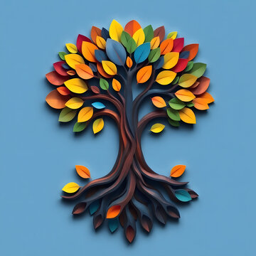 A digital illustration of a tree of life symbol, a root within a circle, rendered in layered paper cut style with sculpted textures art illustration design