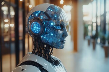 Poster - A futuristic robot with illuminated features stands in a modern indoor setting