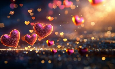 Wall Mural - glowing pink and red hearts pulsating slightly and drifting with golden light hue in seamless loop m