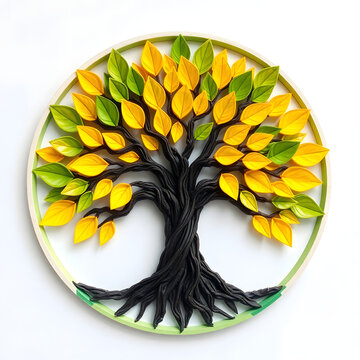 A digital illustration of a tree of life symbol, a root within a circle, rendered in layered paper cut style with sculpted textures art illustration design