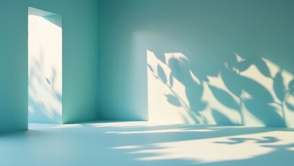 Poster - Pastel blue backdrop in abstract interior room. Empty studio setting with shadow of leaves on the wall. Suitable for background and product display. Stage showcase design.