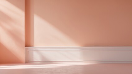 Fototapete - Peach-colored wall featuring a white baseboard and a pink section below. Realistic photographs for mockups and advertising of any product.