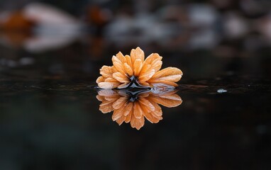Poster - Orange Flower Reflection in Dark Water