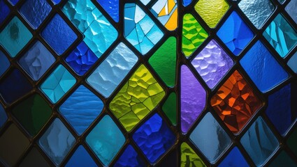 Poster - Stained glass window made of colored glass. Various shades of colored glass in diamond shapes. Image showcasing a multicolored stained glass window with an irregular block pattern featuring hues of...