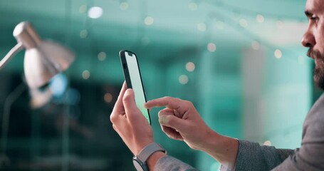 Fototapete - Business, employee and man with smartphone, browsing and serious with tech for project and digital. Bokeh, account manager and person with mobile for schedule, scroll and checking email in office