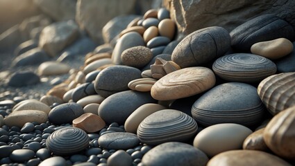 Poster - River pebbles with various textures in close-up. Stone backdrop.