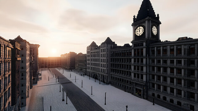 Empty City Street at Sunset with Clock Tower