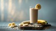 © Seyyar - Banana smoothie. Milkshake made with banana and oatmeal. Oat smoothies. Nutritious breakfast. Image featuring space for text.