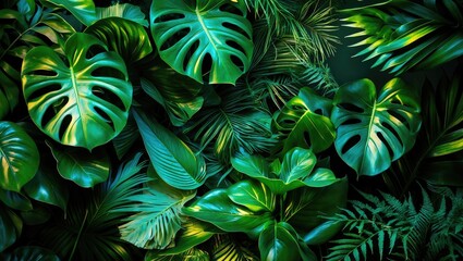 Poster - Close-up view of nature featuring green leaves with a backdrop of palms. Flat lay, dark nature theme.