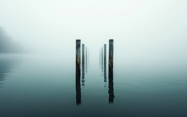 Poster - Misty Morning, Wooden Posts in Still Water