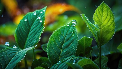 Poster - Close-up of leaves adorned with rain droplets, highlighting the freshness and beauty of nature.