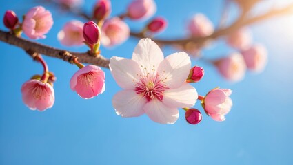 Poster - Close-up of a blossom against the blue sky on the branch, with selective focus.