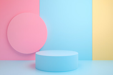Poster - Display Podium on Pastel Background with Pink Circle and Colorful Panels