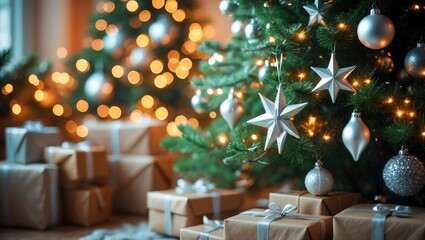 Poster - Christmas tree with decorations in the background.