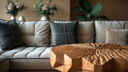 Poster - close-up of a bright living room featuring a sofa and a table.