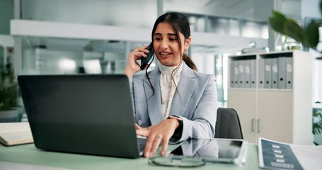 Poster - Feedback, laptop and phone call with business woman at desk in office for administration or research. Computer, conversation and review with Indian employee in workplace for online report or update