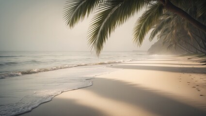 Aufkleber - Palm leaf silhouette on sandy background with sunlight sparkling on water surface.
