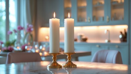Poster - Pair of lovely golden candlesticks on kitchen table