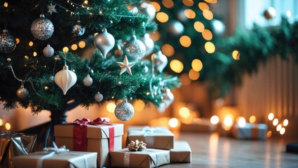 Poster - Christmas tree adorned with decorations in the background.