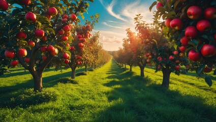 Poster - Orchard filled with red ripe apples on branches. Two rows of fruit-laden trees seen under a clear blue sky, almost ready for harvest. Morning photograph.