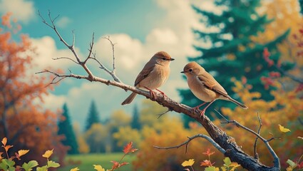 Poster - Pair of small brown birds resting on bare branches against a picturesque backdrop of mixed foliage and vast blue sky illustrating seasonal change.