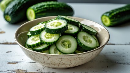 Poster - Organic cucumber slices arranged in a ceramic bowl on a light-colored table, with selective focus.