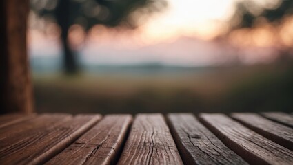 Poster - OLD WOODEN TABLE ON NATURAL BACKGROUND IN LIGHT, BACKDROP FOR MONTAGE OR PRODUCT DISPLAY